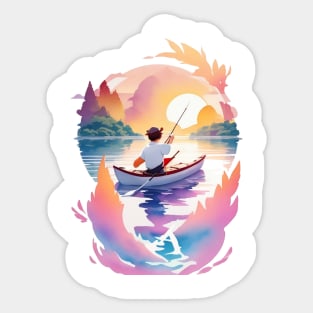 a man fishing in kayak in a river . Sticker